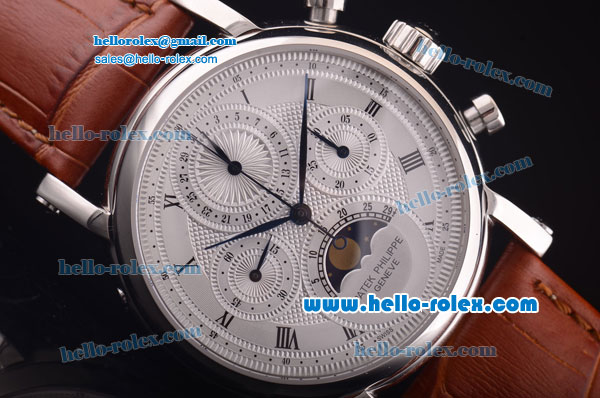 Patek Philippe Grand Complications Chronograph Swiss Valjoux 7750 Manual Winding Movement Steel Case with Black Markers and Leather Strap - Click Image to Close